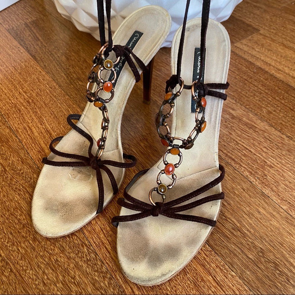 MARIO BOLOGUA suede strap heels, rose gold metal